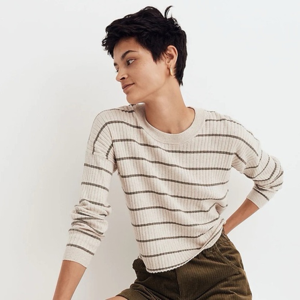 Madewell Beige and Gray Ribbed Knit Sweater